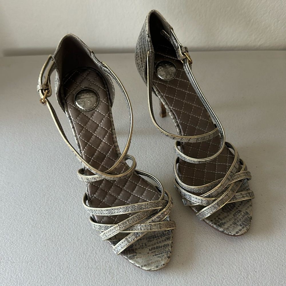Tory burch Sandel Heels High Strappy, Grey, Gold Snake Print
